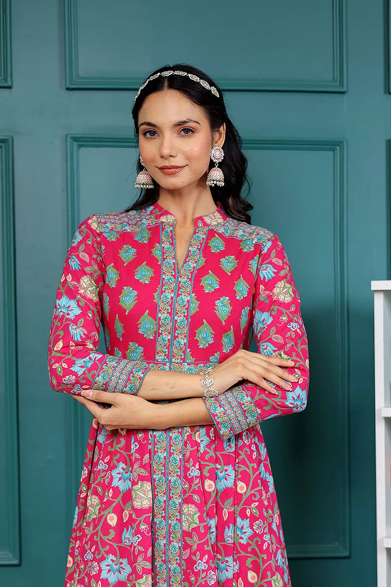Pink Anarkali Cotton Hand Block Printed Ethnic Maxi Dress