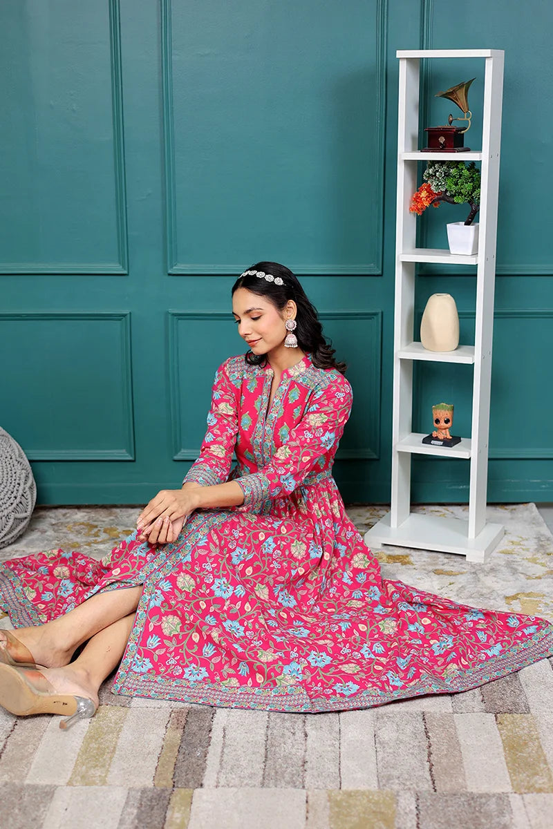 Pink Anarkali Cotton Hand Block Printed Ethnic Maxi Dress