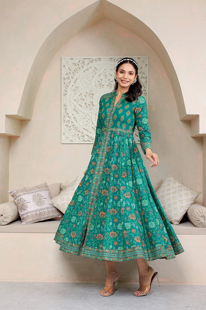 Green Anarkali Cotton Hand Block Printed Ethnic Maxi Dress