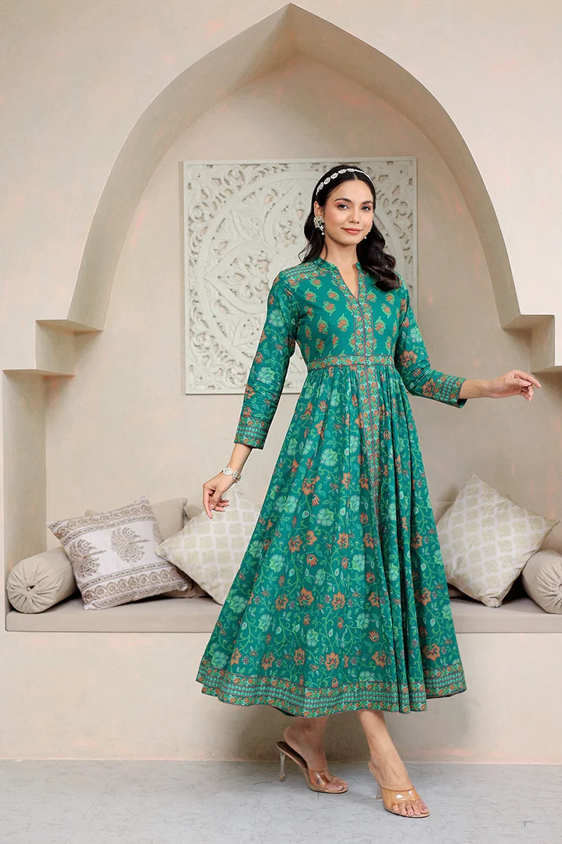 Green Anarkali Cotton Hand Block Printed Ethnic Maxi Dress