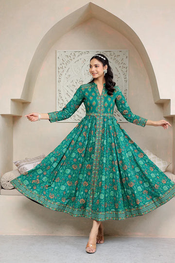 Green Anarkali Cotton Hand Block Printed Ethnic Maxi Dress