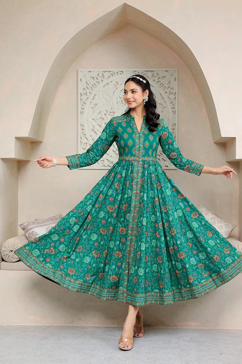 Green Anarkali Cotton Hand Block Printed Ethnic Maxi Dress