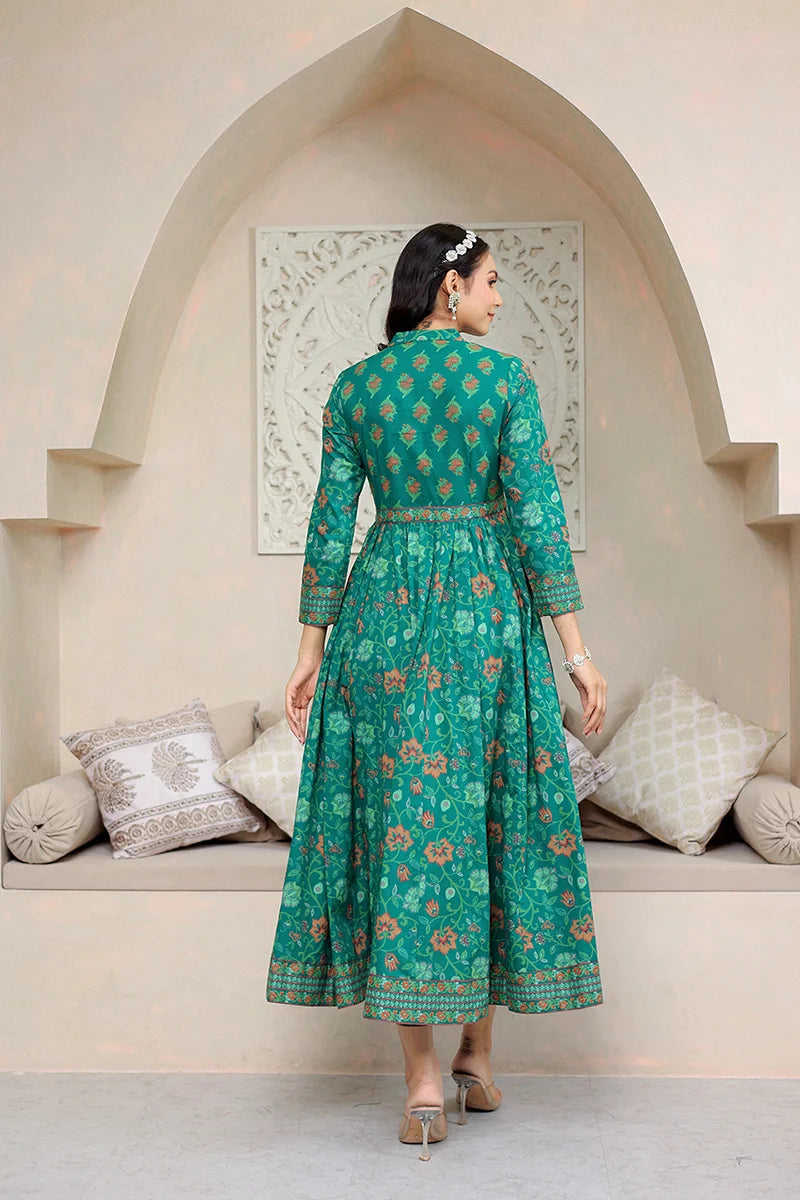 Green Anarkali Cotton Hand Block Printed Ethnic Maxi Dress