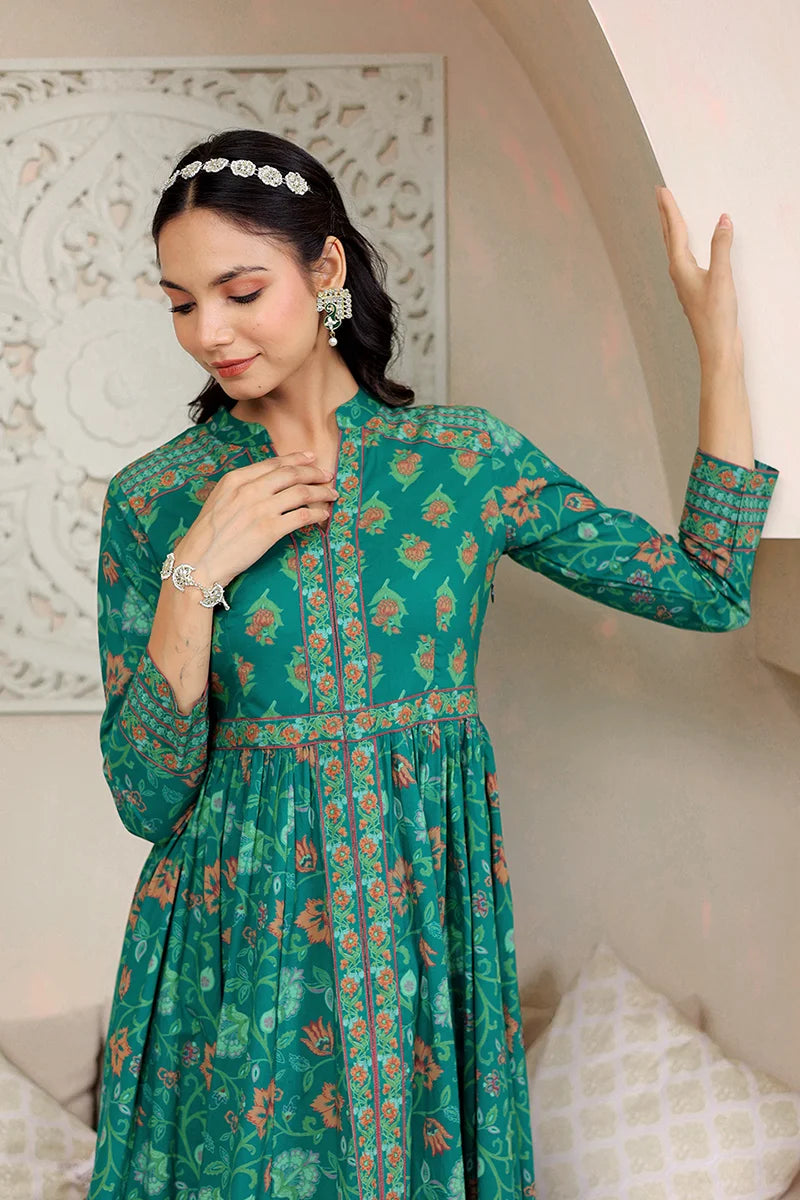 Green Anarkali Cotton Hand Block Printed Ethnic Maxi Dress