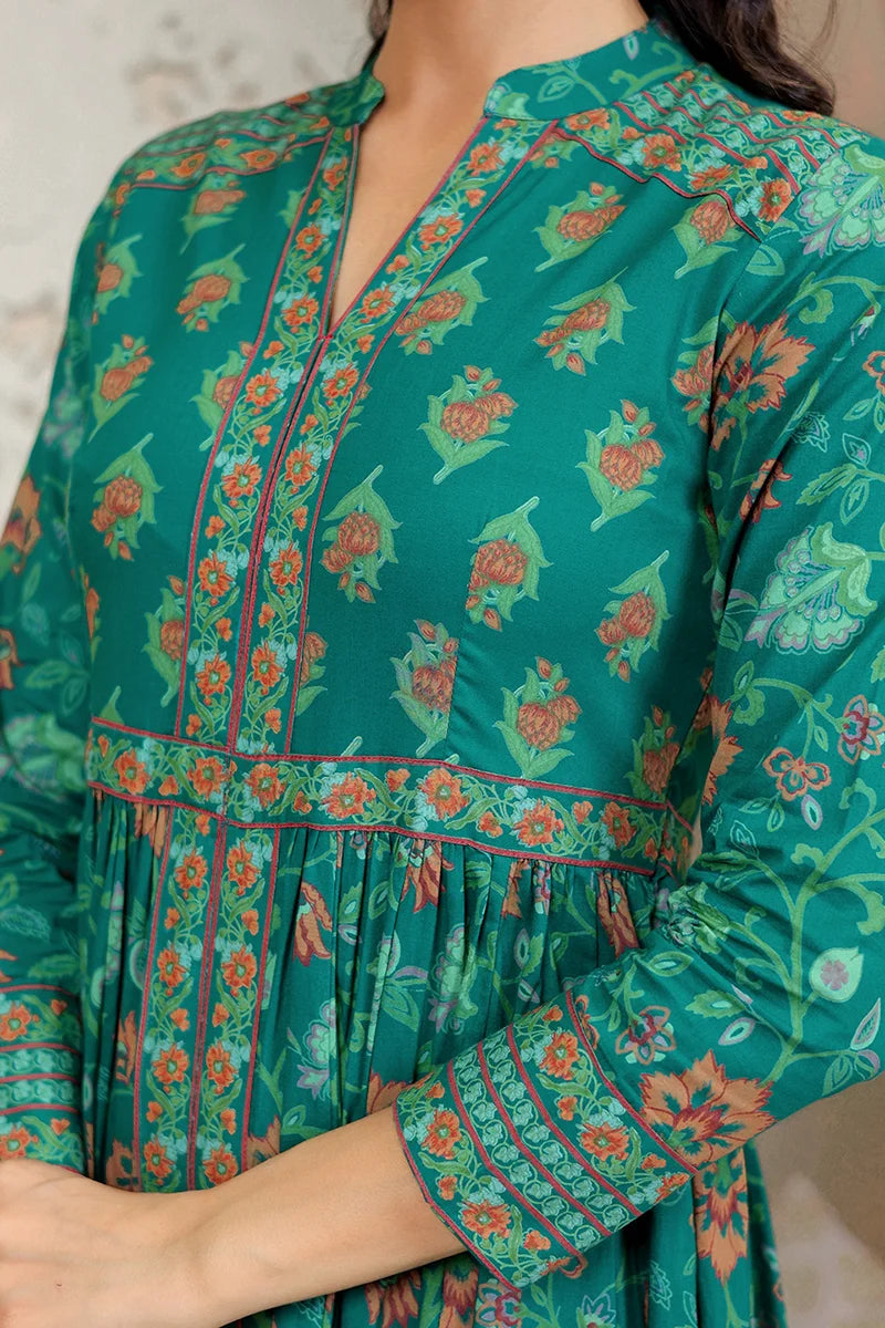 Green Anarkali Cotton Hand Block Printed Ethnic Maxi Dress
