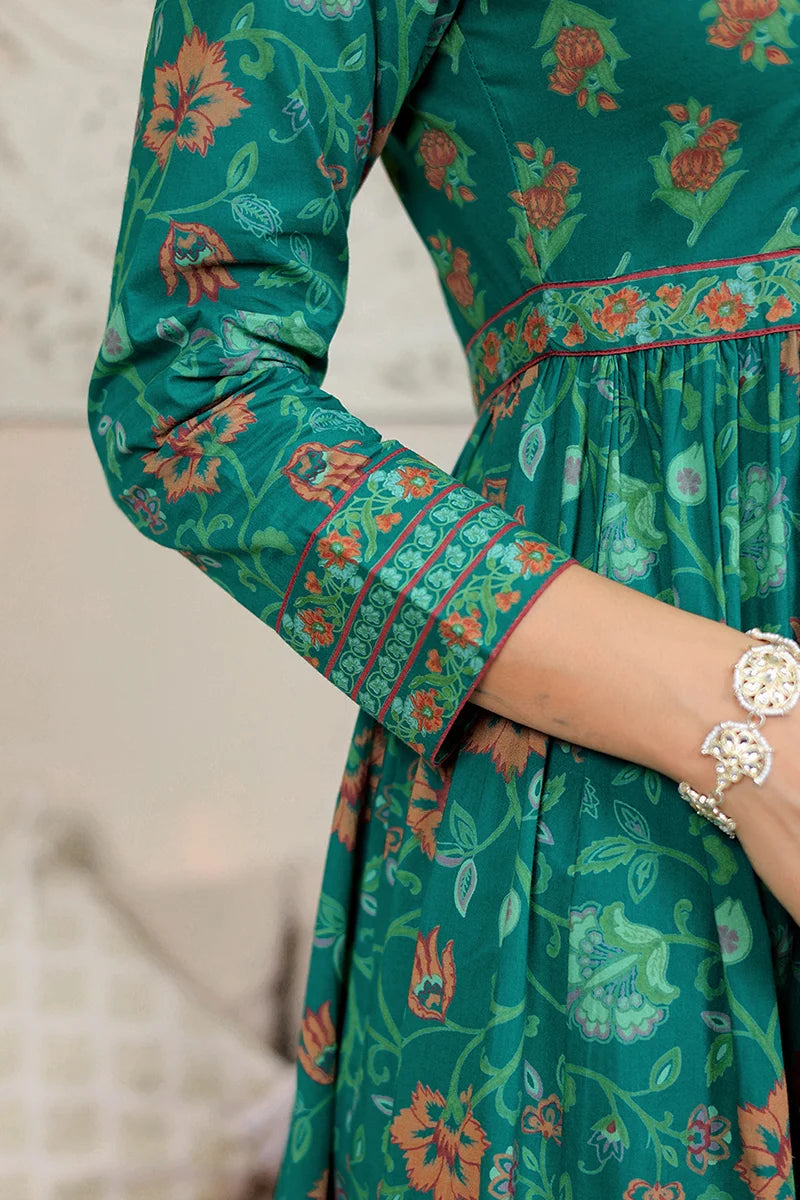 Green Anarkali Cotton Hand Block Printed Ethnic Maxi Dress