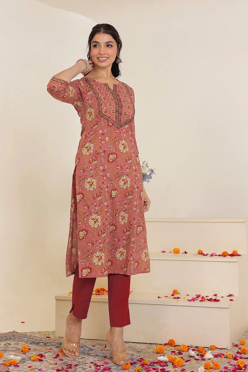Brown Hand Block Printed Straight cotton Kurta