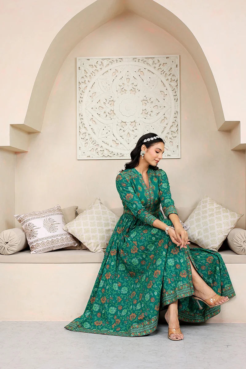 Green Anarkali Cotton Hand Block Printed Ethnic Maxi Dress