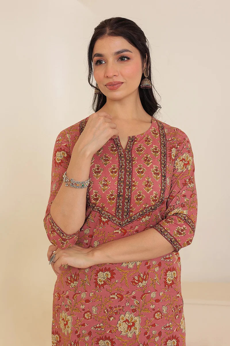 Brown Hand Block Printed Straight cotton Kurta