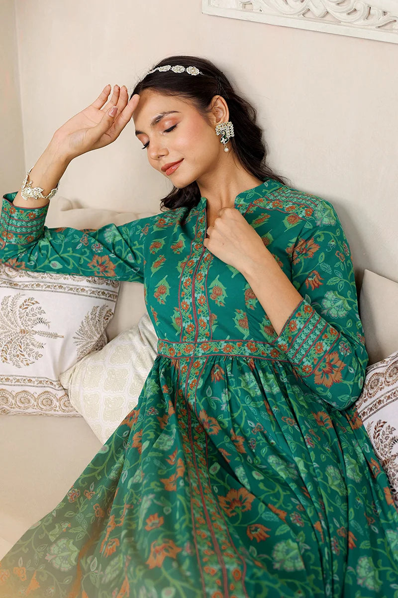 Green Anarkali Cotton Hand Block Printed Ethnic Maxi Dress
