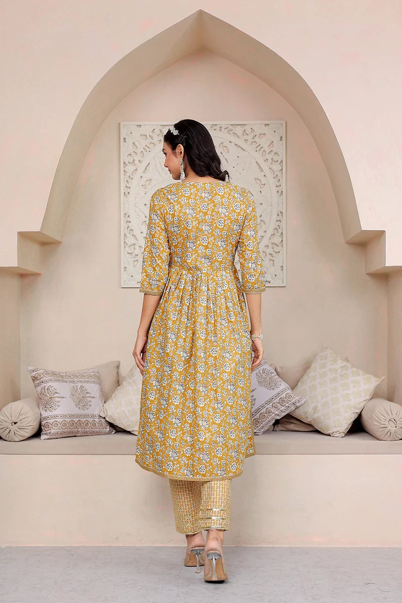 Mustard Floral Printed Gotta Thread Work Kurta with Trouser