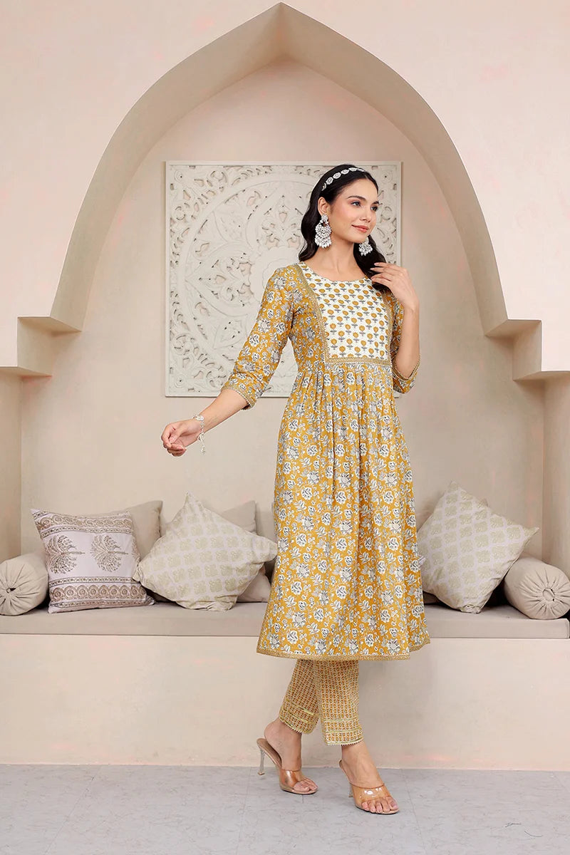 Mustard Floral Printed Gotta Thread Work Kurta with Trouser