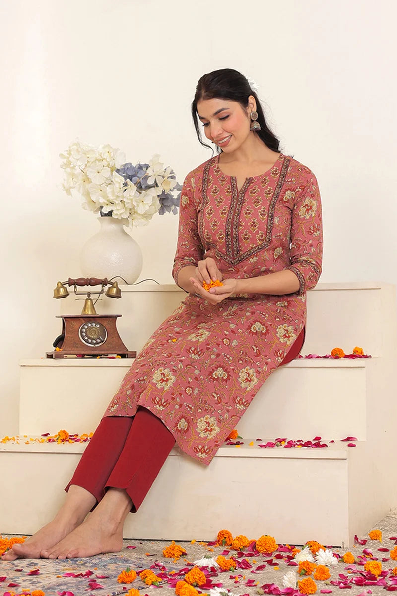 Brown Hand Block Printed Straight cotton Kurta