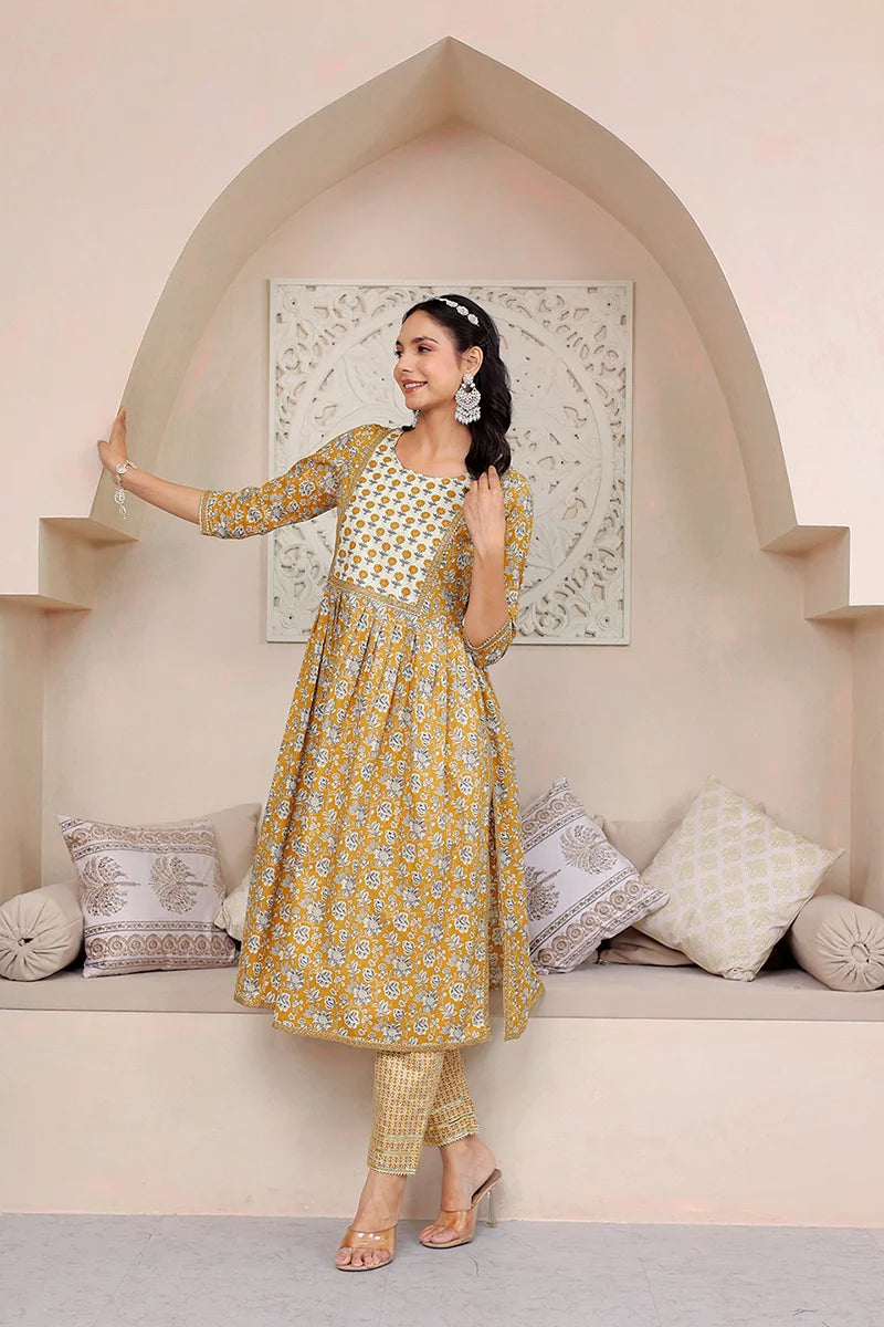 Mustard Floral Printed Gotta Thread Work Kurta with Trouser