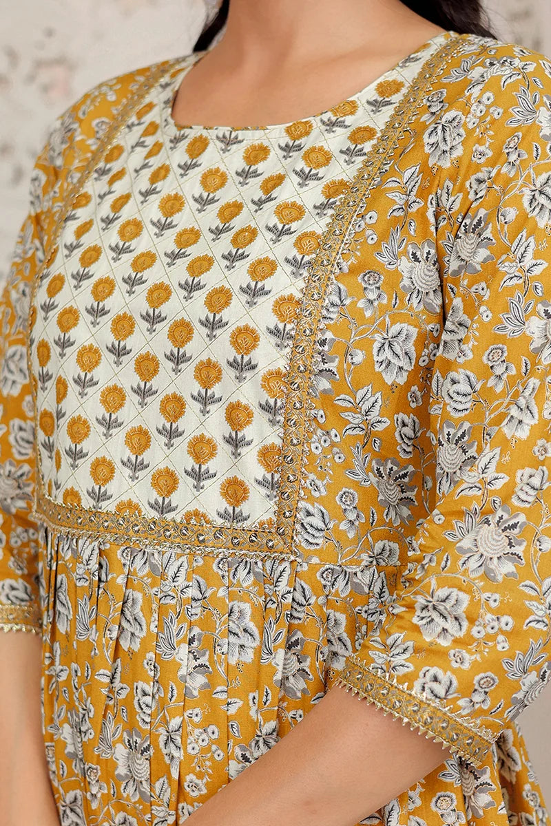 Mustard Floral Printed Gotta Thread Work Kurta with Trouser
