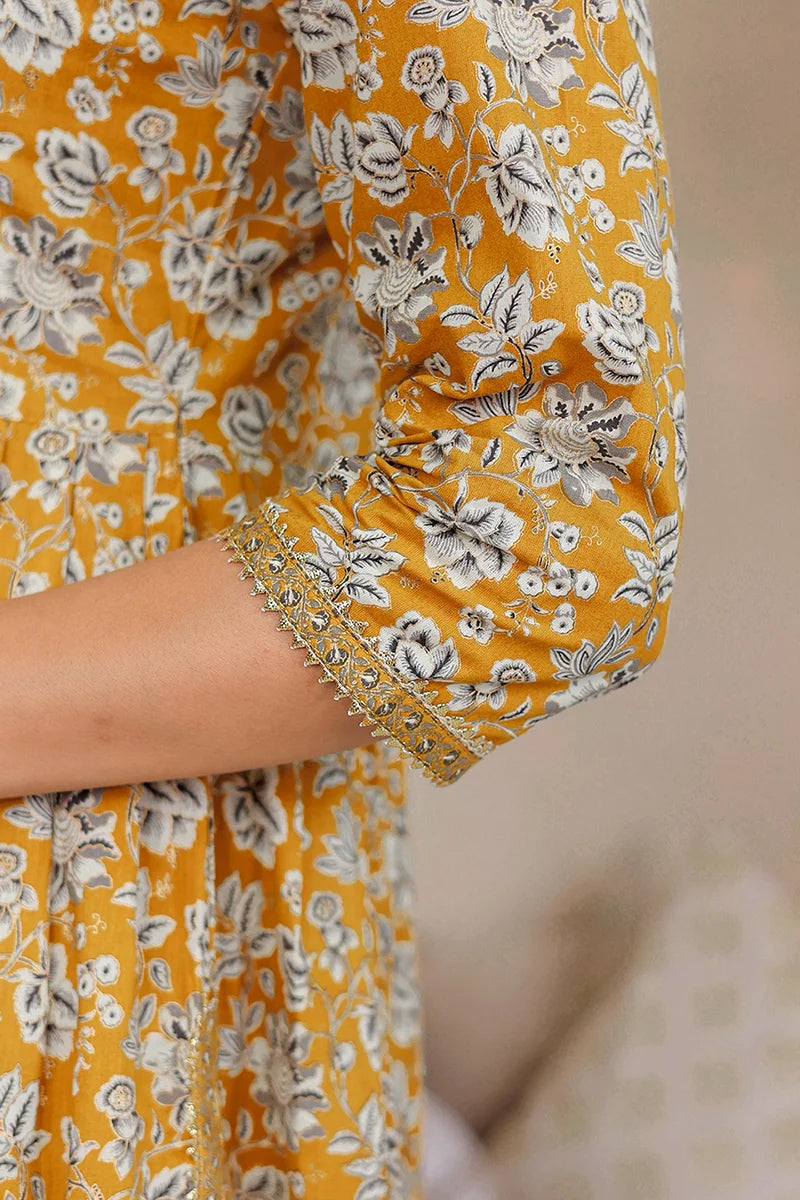 Mustard Floral Printed Gotta Thread Work Kurta with Trouser