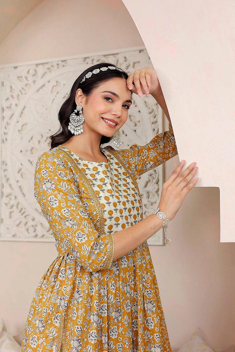 Mustard Floral Printed Gotta Thread Work Kurta with Trouser