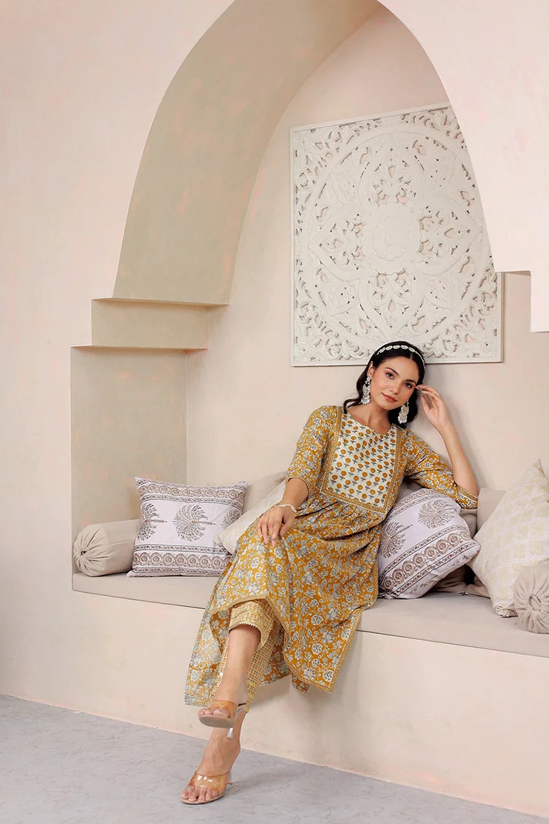 Mustard Floral Printed Gotta Thread Work Kurta with Trouser