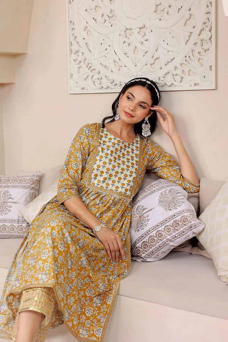 Mustard Floral Printed Gotta Thread Work Kurta with Trouser