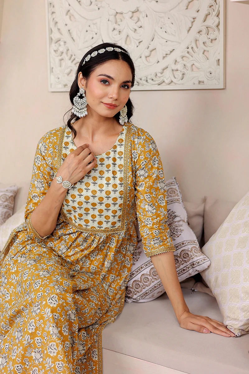 Mustard Floral Printed Gotta Thread Work Kurta with Trouser