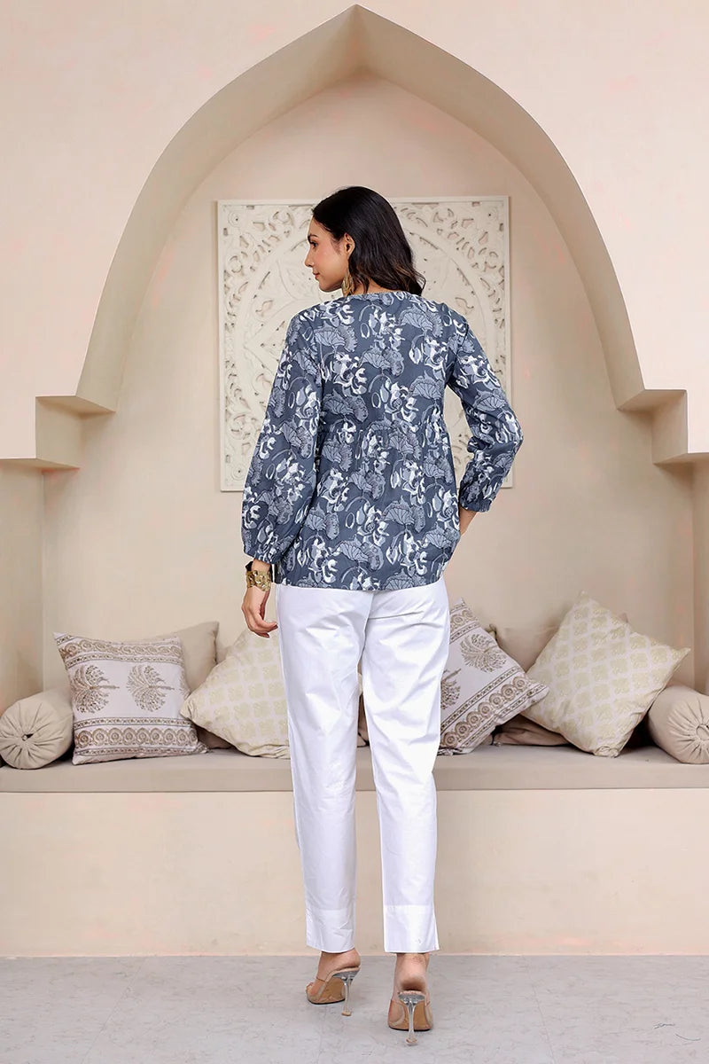Grey Hand Block Printed Tired Top