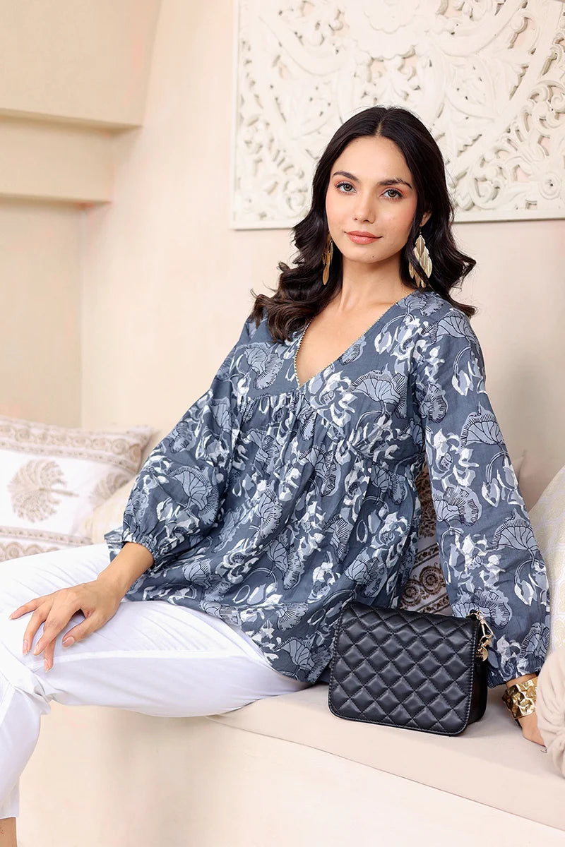Grey Hand Block Printed Tired Top