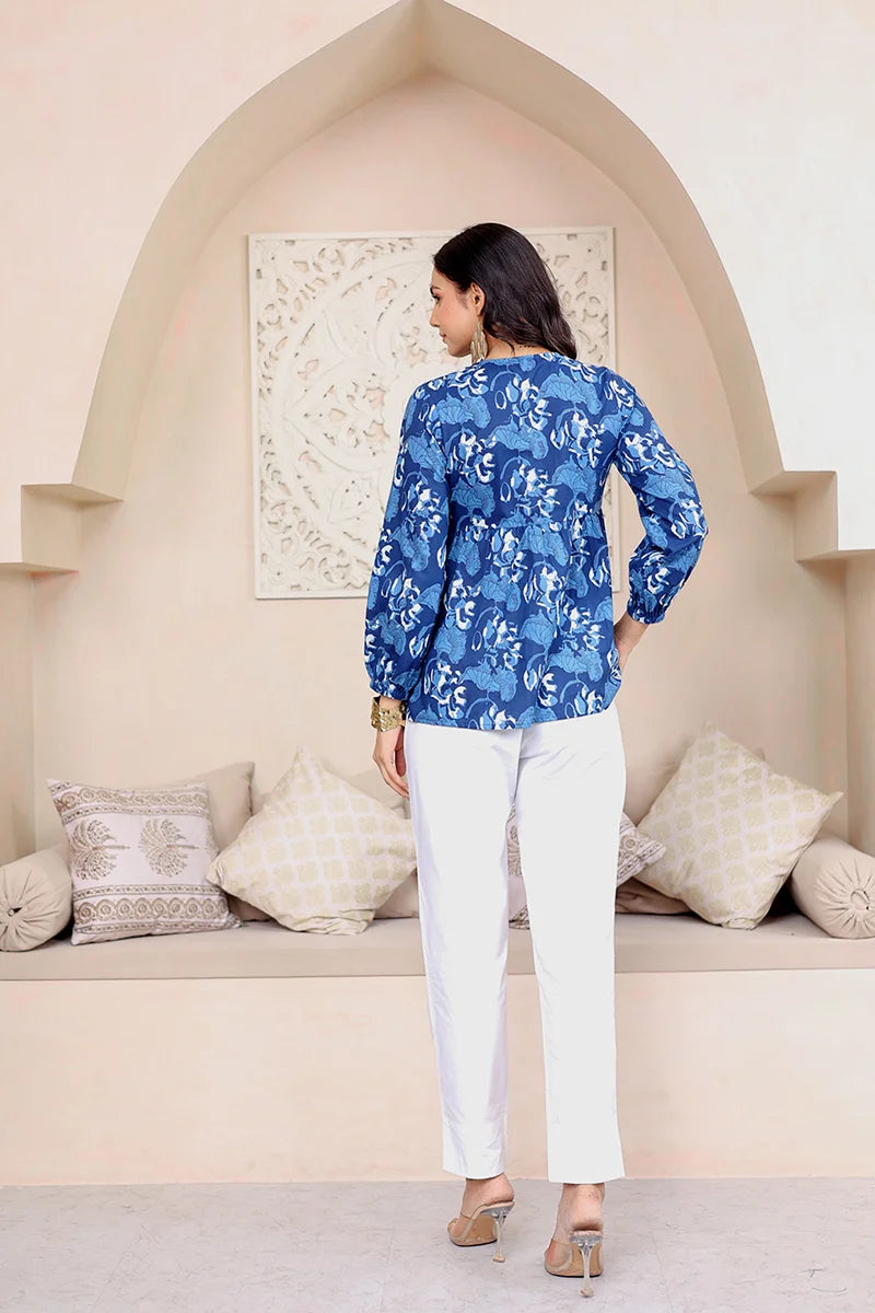 Navy Hand Block Printed Tired Top