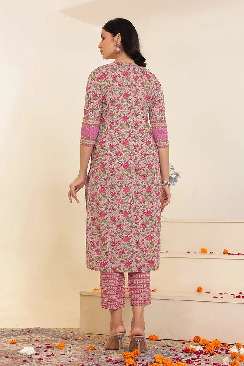Grey Pink Floral Printed Gotta Thread Work Kurta with Trouser