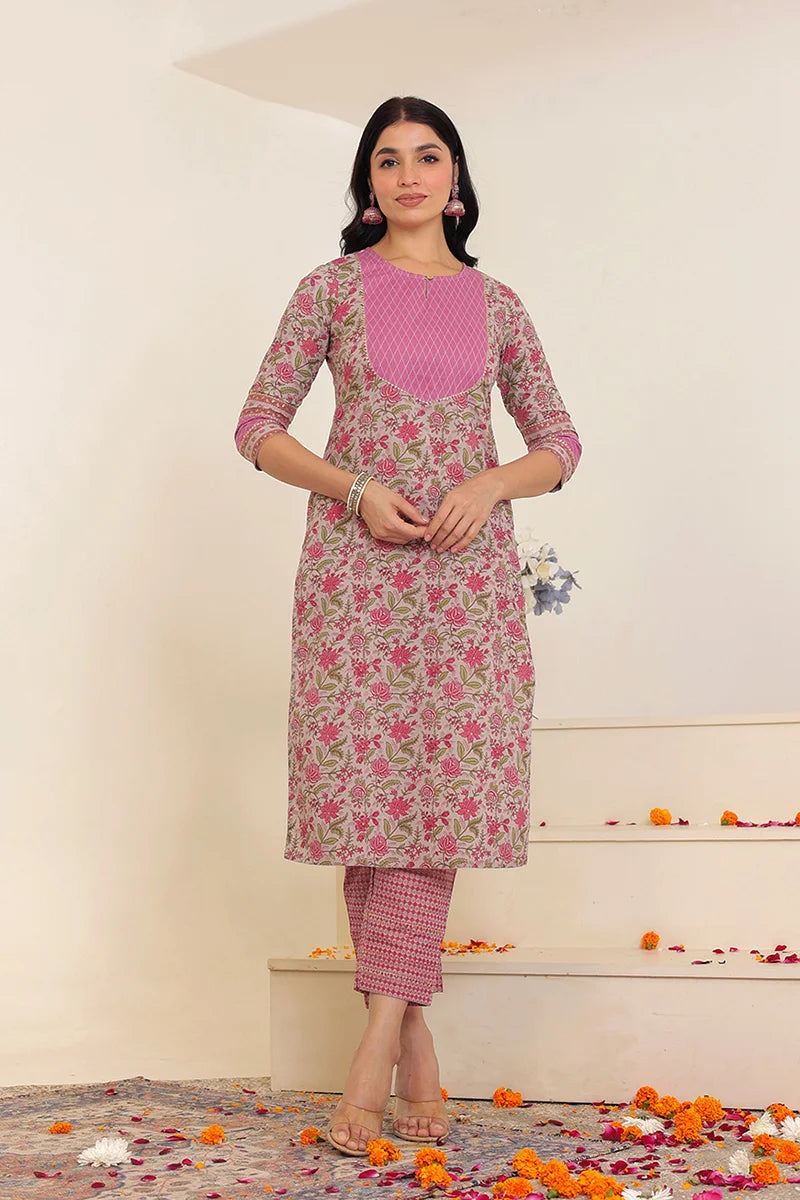 Grey Pink Floral Printed Gotta Thread Work Kurta with Trouser