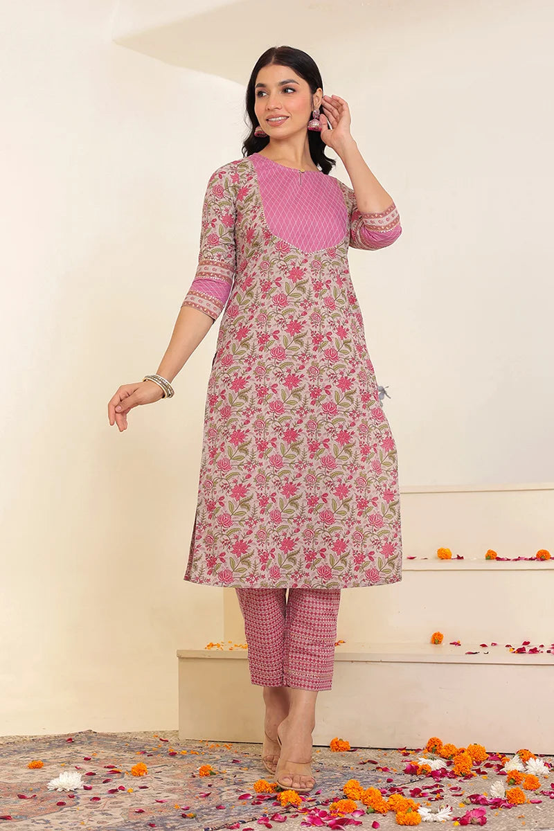 Grey Pink Floral Printed Gotta Thread Work Kurta with Trouser