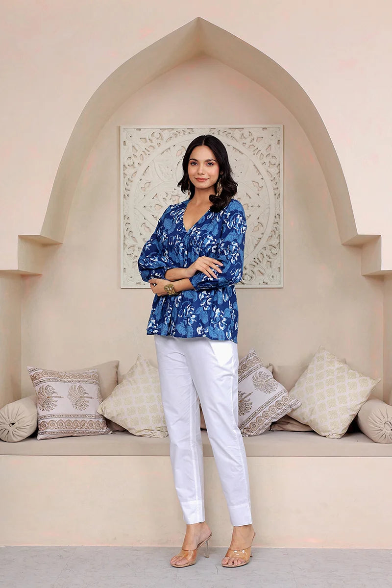 Navy Hand Block Printed Tired Top