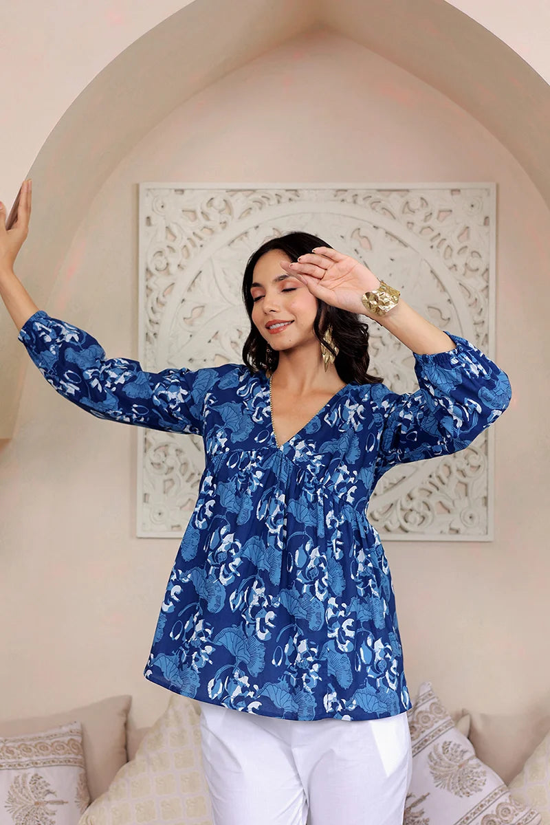 Navy Hand Block Printed Tired Top