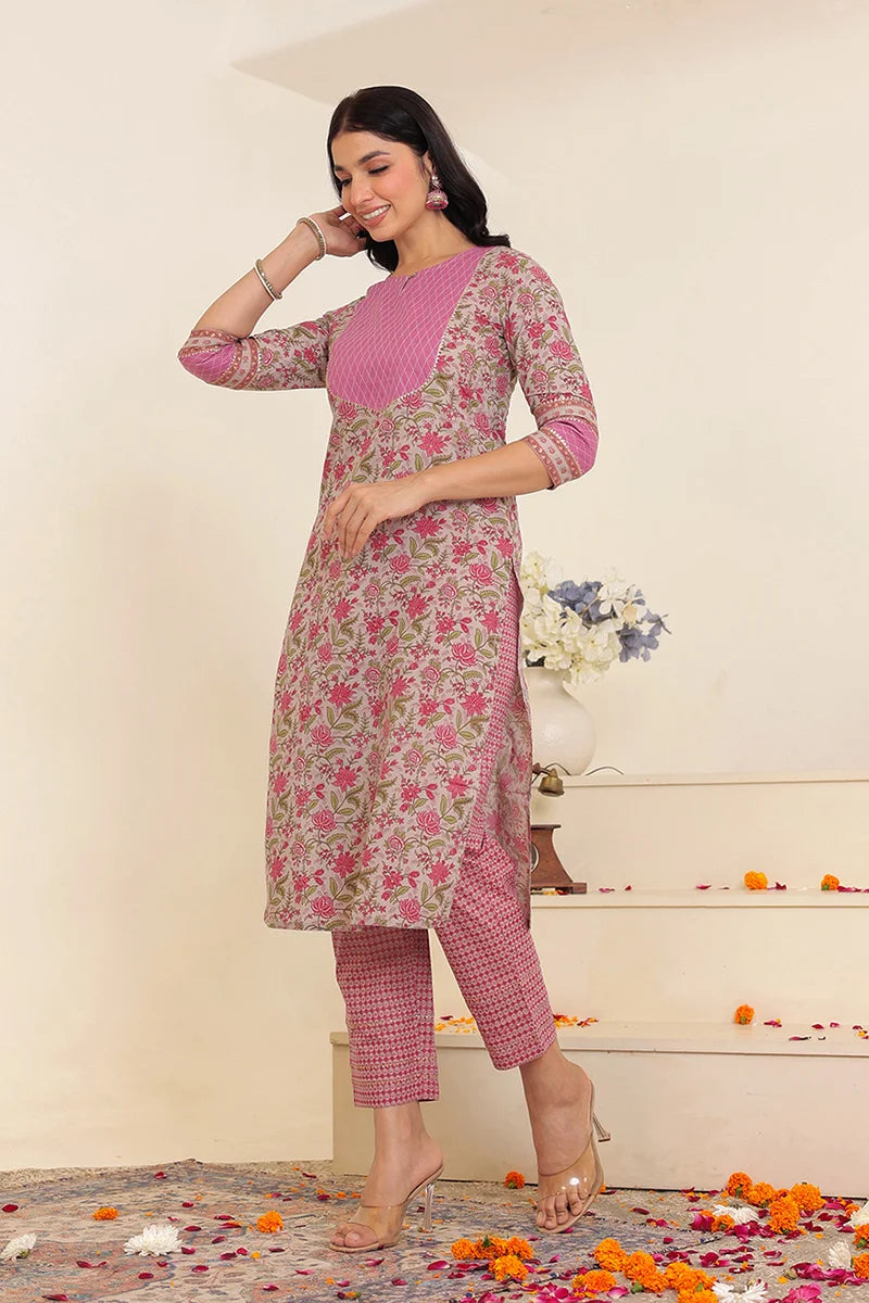 Grey Pink Floral Printed Gotta Thread Work Kurta with Trouser