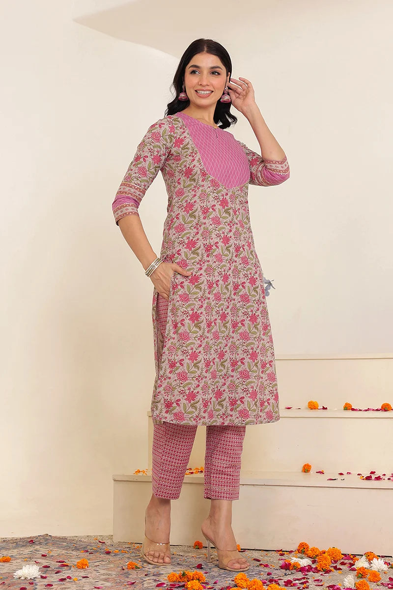 Grey Pink Floral Printed Gotta Thread Work Kurta with Trouser