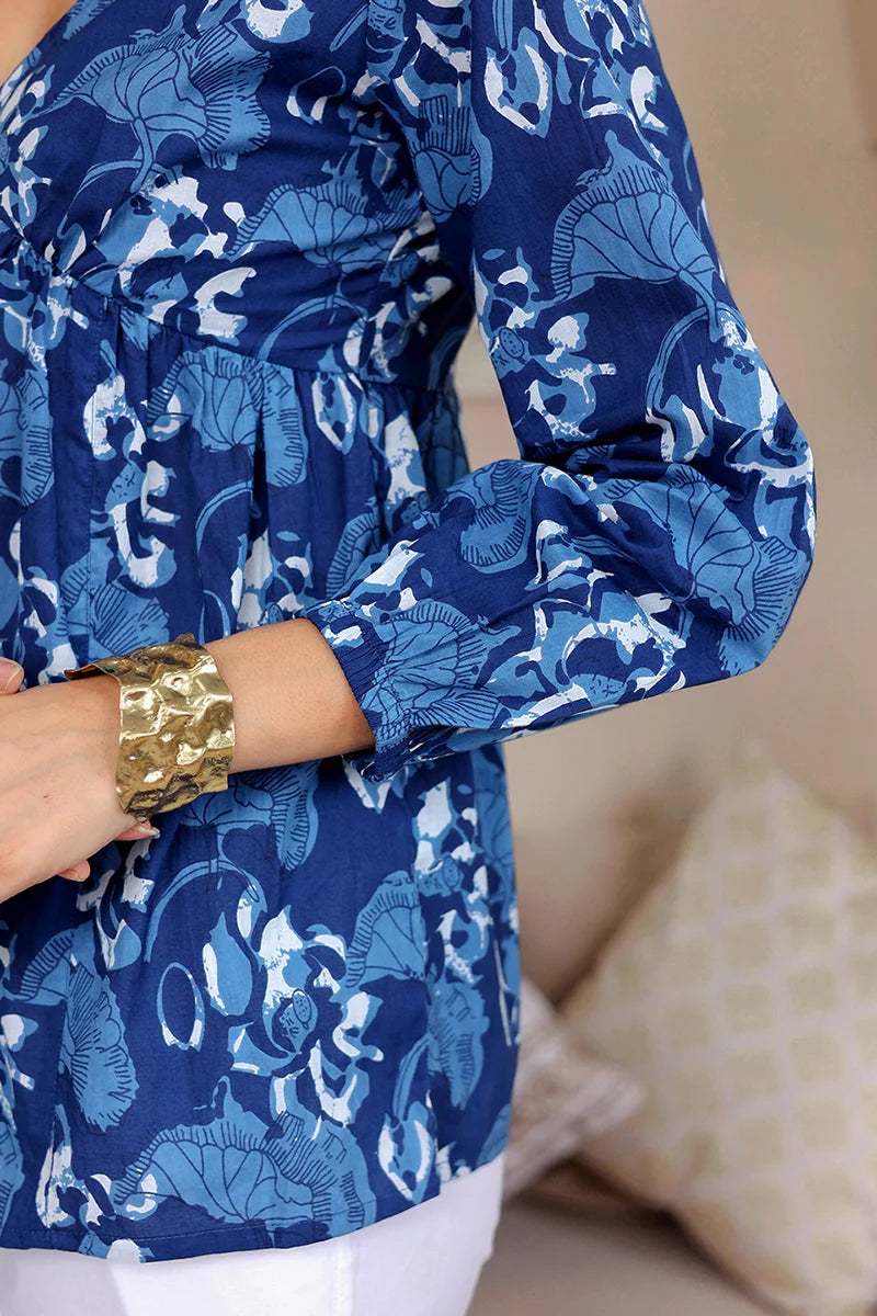Navy Hand Block Printed Tired Top