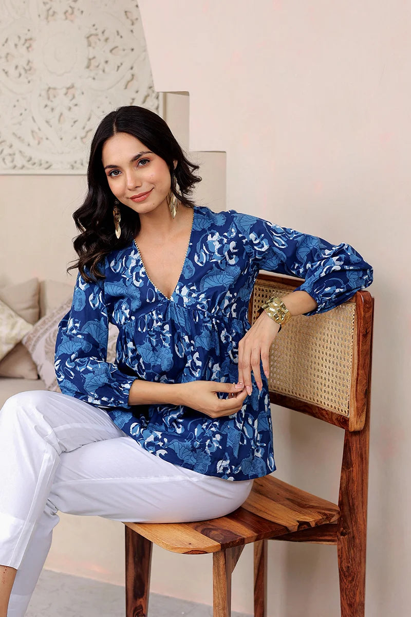 Navy Hand Block Printed Tired Top