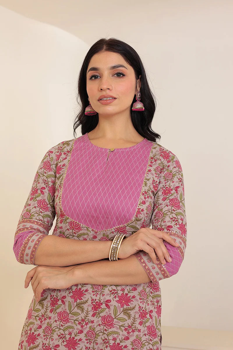 Grey Pink Floral Printed Gotta Thread Work Kurta with Trouser