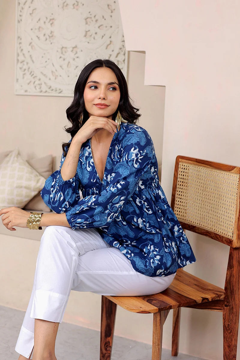 Navy Hand Block Printed Tired Top