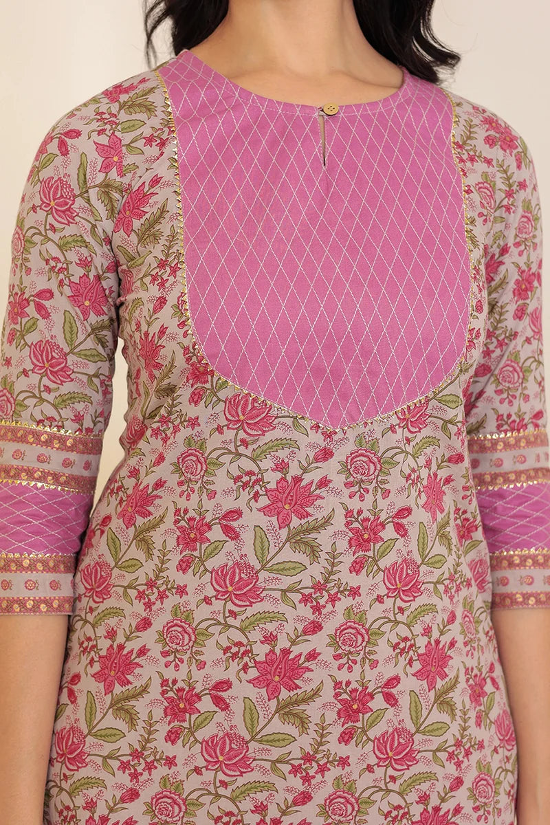 Grey Pink Floral Printed Gotta Thread Work Kurta with Trouser