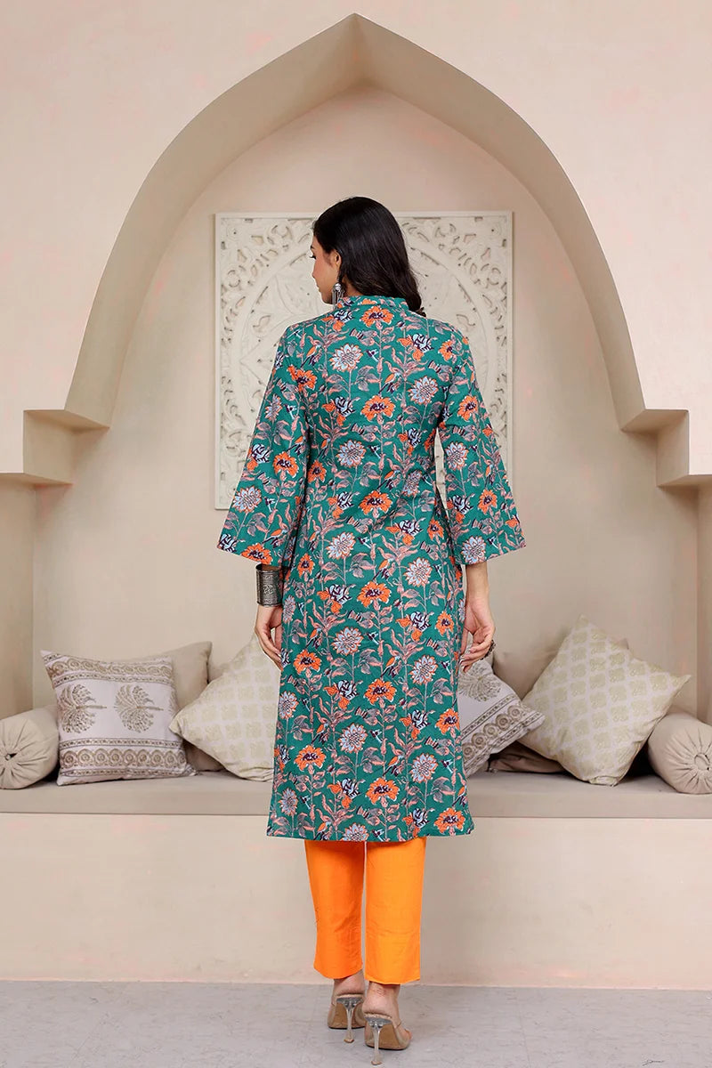 Dark Green Straight Cotton Kurta with Printed Side Panels