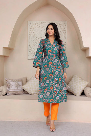 Dark Green Straight Cotton Kurta with Printed Side Panels
