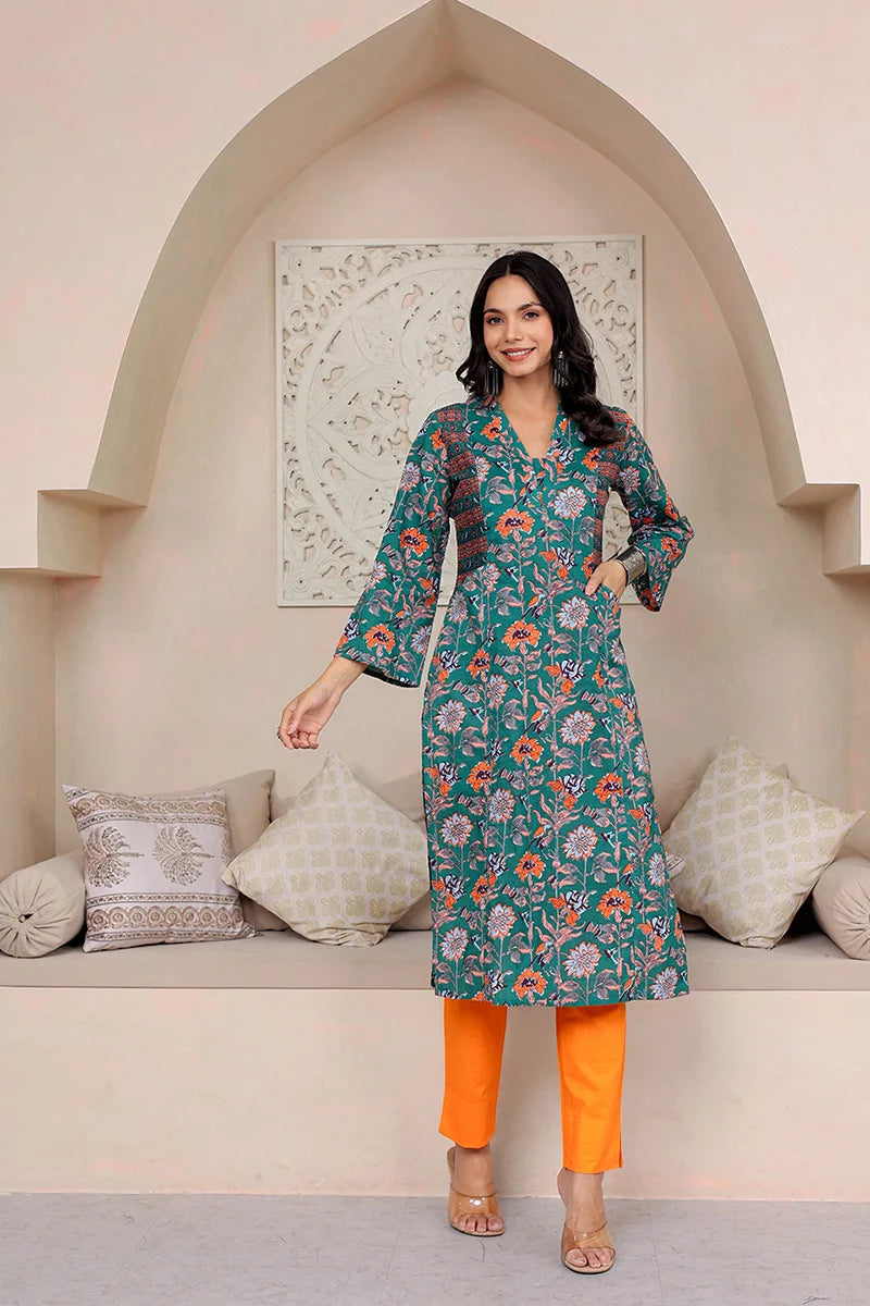 Dark Green Straight Cotton Kurta with Printed Side Panels
