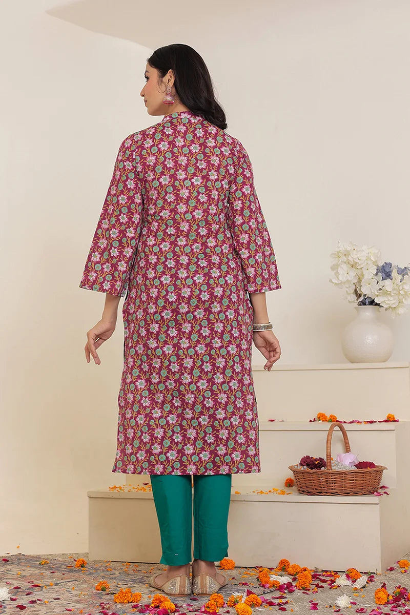 Dark Violet Straight Cotton Kurta with Printed Side Panels