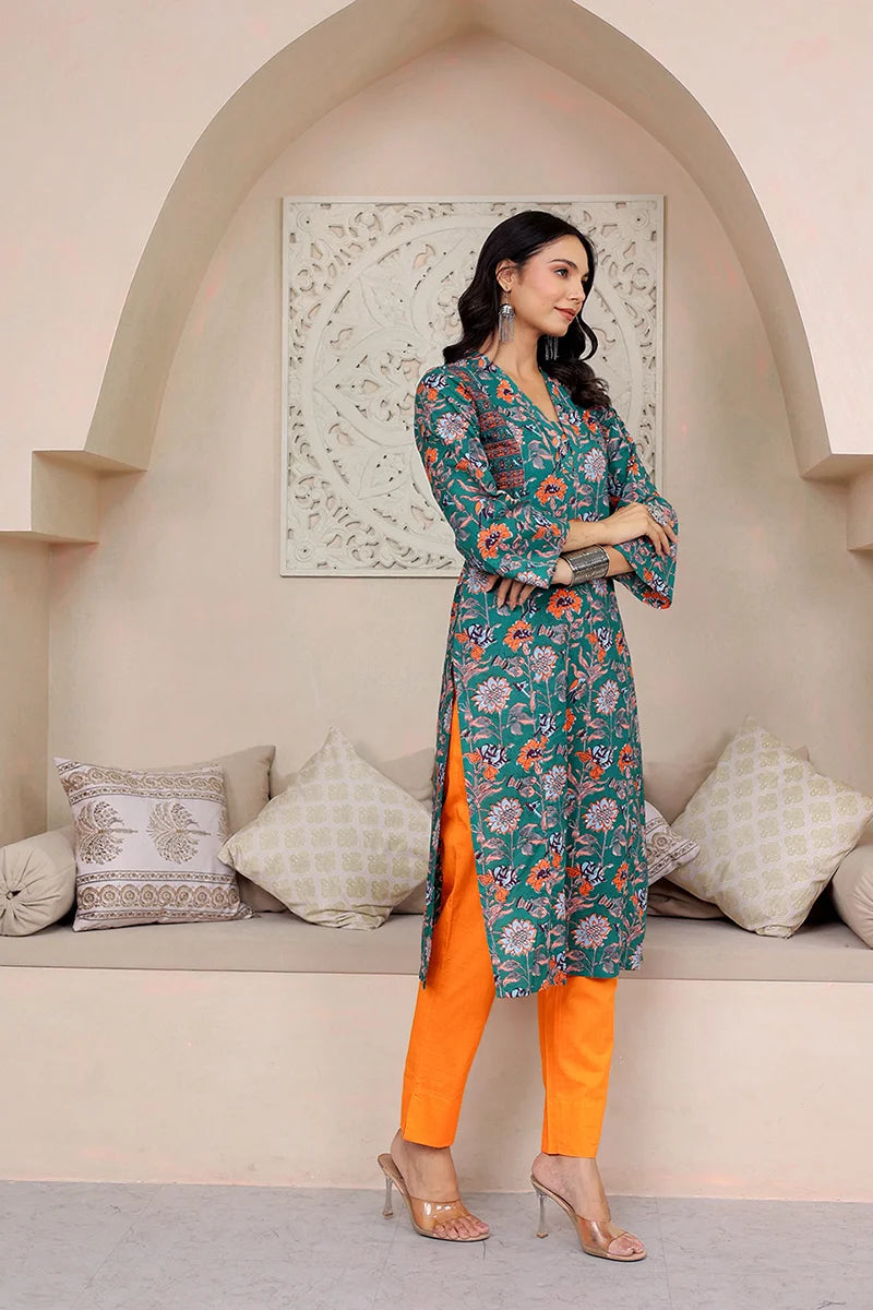 Dark Green Straight Cotton Kurta with Printed Side Panels