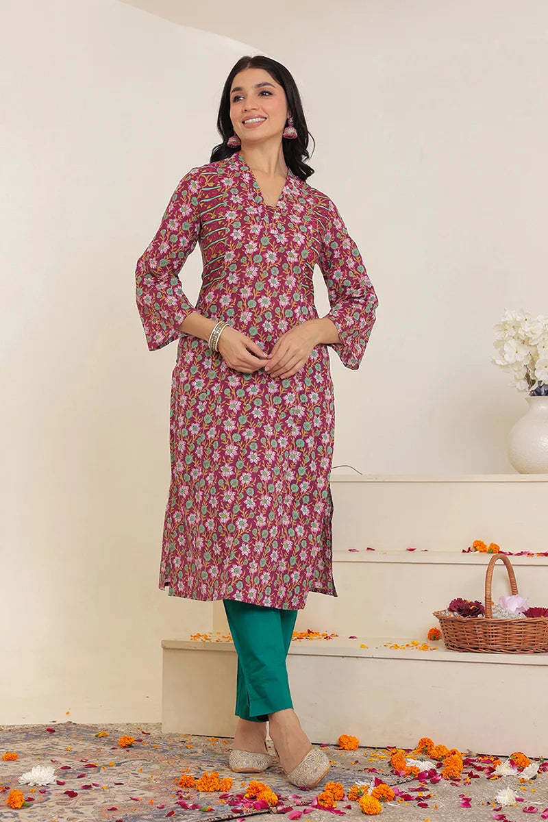 Dark Violet Straight Cotton Kurta with Printed Side Panels