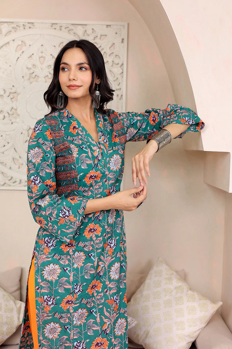 Dark Green Straight Cotton Kurta with Printed Side Panels