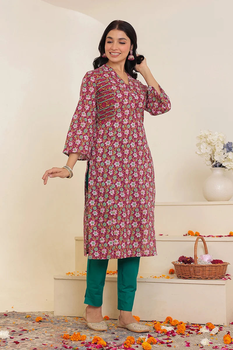 Dark Violet Straight Cotton Kurta with Printed Side Panels