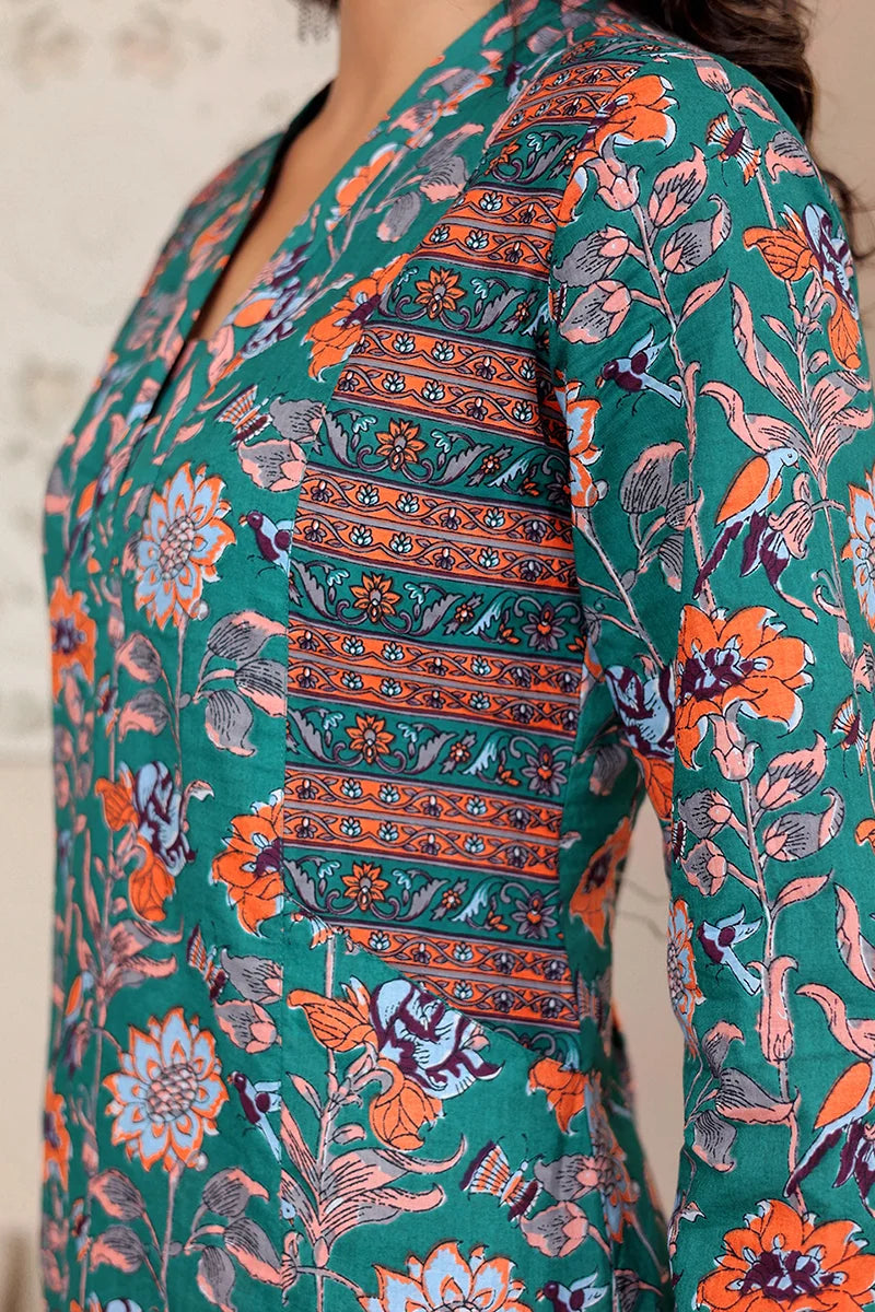 Dark Green Straight Cotton Kurta with Printed Side Panels