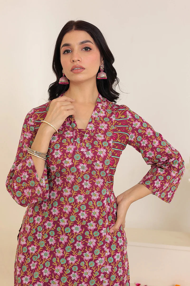Dark Violet Straight Cotton Kurta with Printed Side Panels