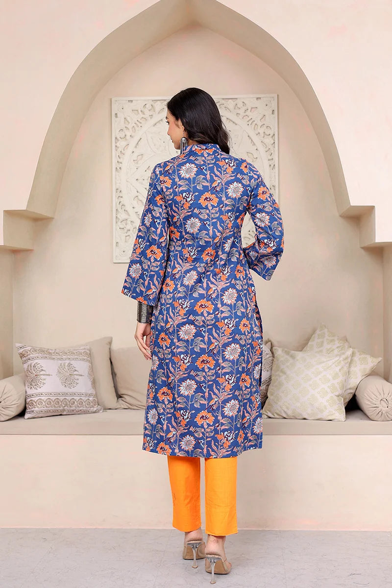 Dark Blue Straight Cotton Kurta with Printed Side Panels